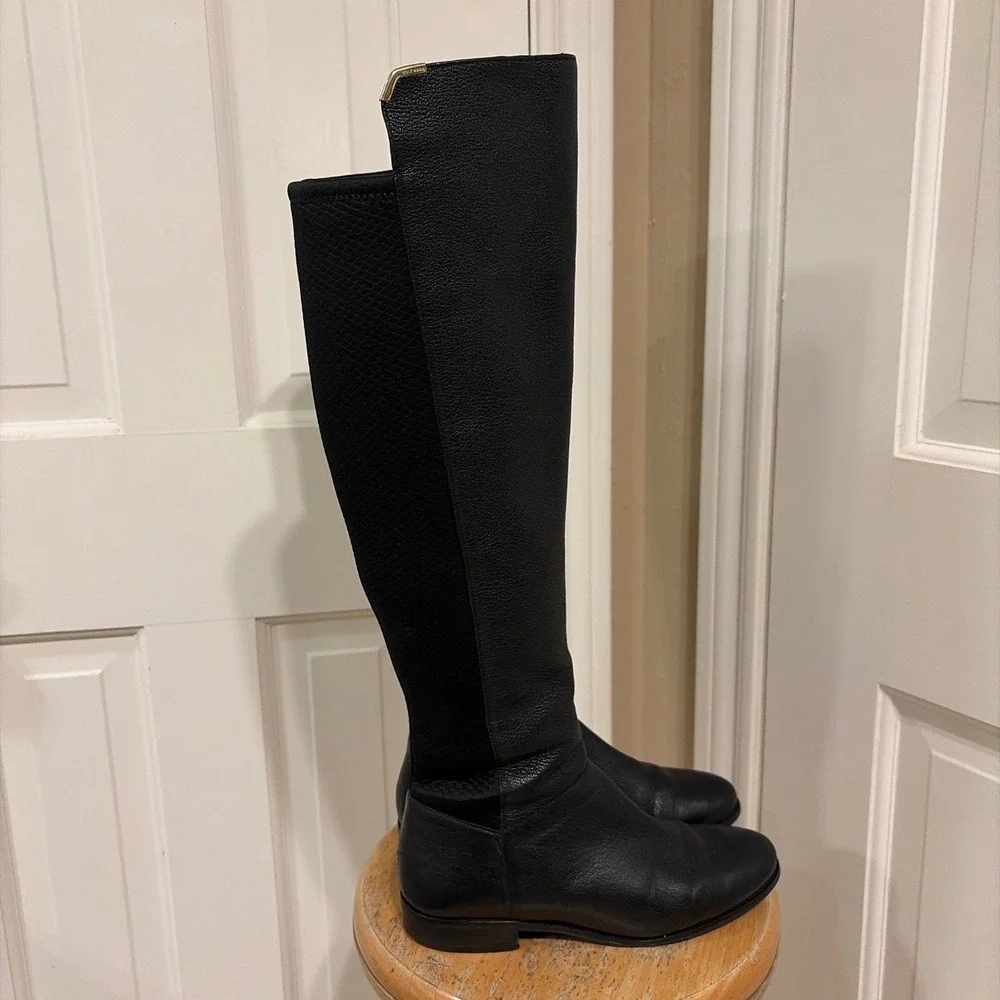Cole Haan Womens Black Leather Tall Riding Boots W00214 Mixed Media Stretch 8B
